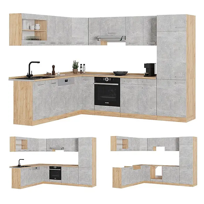 Vicco Eckküche R-Line Beton/Goldkraft Eiche, AP Anthrazit - B x T: 287 x 60 cm, Beton, Ohne Elektrogeräte - L-förmige Küche in heller Holz- und Betonoptik mit Spüle, Backofen und Schränken.