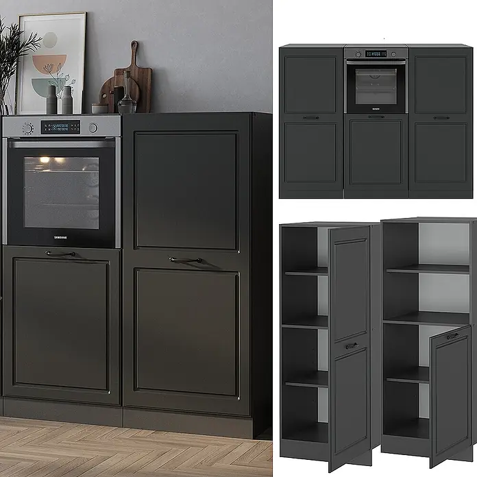Vicco Küchenleerblock R-Line Anthrazit Landhaus/Anthrazit ohne Arbeitsplatte - Breite: 180 cm, Anthrazit Landhaus - Dunkelgraue Küchenunterschränke mit integriertem Backofen und klassischen Kassettenfronten in einer modernen Küche.