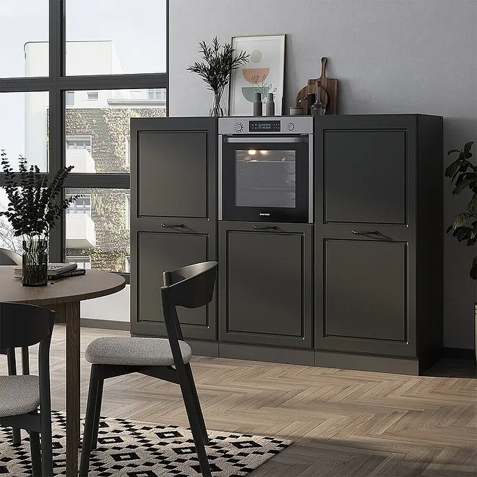 Vicco Küchenleerblock R-Line Anthrazit Landhaus/Anthrazit ohne Arbeitsplatte - Breite: 180 cm, Anthrazit Landhaus - Dunkelgraue integrierte Küchenschränke mit Einbauofen in moderner Küche.