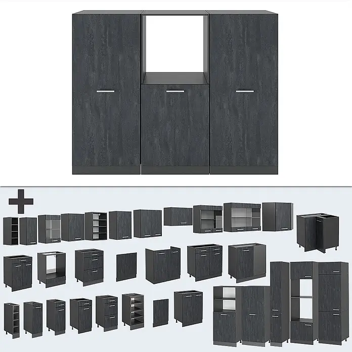 Vicco Küchenleerblock R-Line Schwarz Beton/Anthrazit ohne Arbeitsplatte - Breite: 180 cm, Schwarz Beton - Dunkelgraue modulare Küchenschränke mit Textur, inklusive Hochschränken, Unter- und Oberschränken.