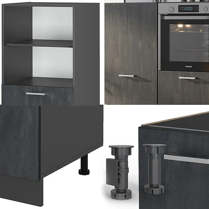 Vicco Küchenleerblock R-Line Schwarz Beton/Anthrazit ohne Arbeitsplatte - Breite: 180 cm, Schwarz Beton - Dunkelgraue Küchenmodule mit Regalböden, Ofen und verstellbaren Füßen, mit texturierter Oberfläche.