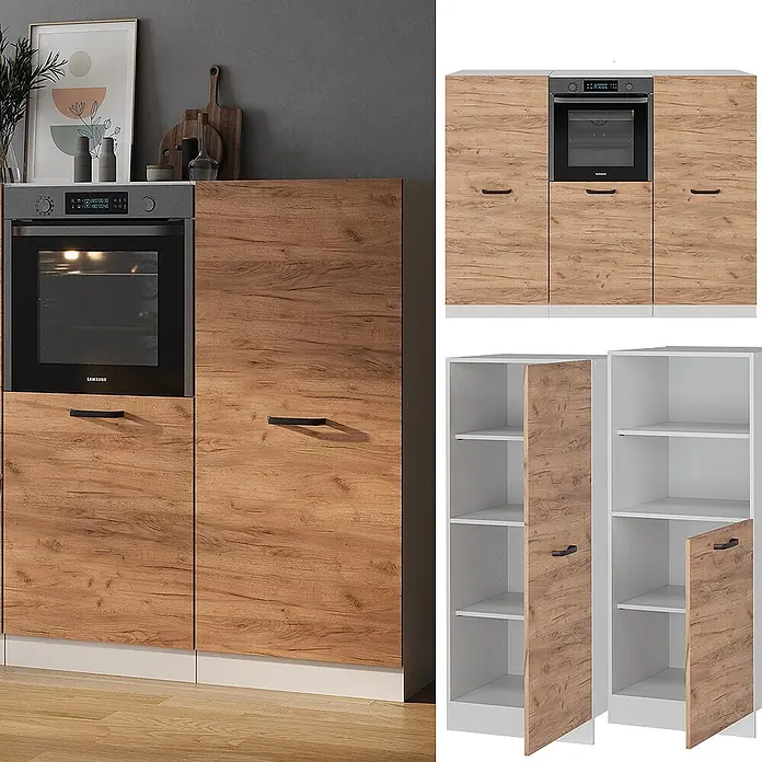 Vicco Küchenleerblock R-Line Goldkraft Eiche/Weiß ohne Arbeitsplatte - Breite: 180 cm, Goldkraft Eiche - Küchenmöbel mit integriertem Backofen und Schränken. Verfügt über Fronten in rustikaler Eichenoptik, schwarze Griffe und weiße Innenräume.