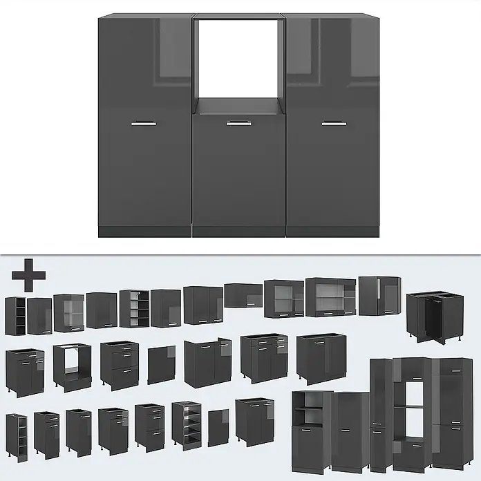 Vicco Küchenleerblock R-Line Anthrazit Hochglanz/Anthrazit ohne Arbeitsplatte - Breite: 180 cm, Anthrazit Hochglanz - Dunkelgraues glänzendes modulares Küchenschranksystem mit Hochschränken, Unter- und Oberschränken.