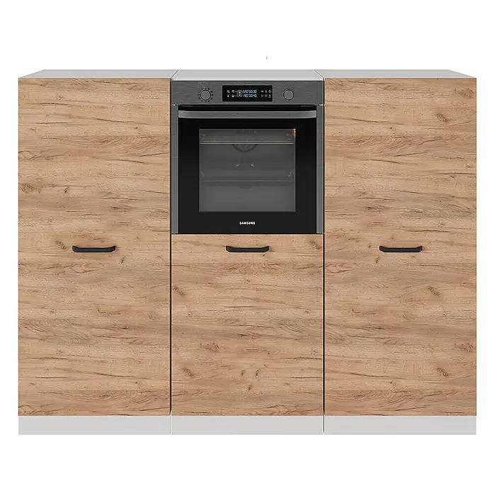 Vicco Küchenleerblock R-Line Goldkraft Eiche/Weiß ohne Arbeitsplatte - Breite: 180 cm, Goldkraft Eiche - Küchenunterschrank-Einheit in heller Holzoptik mit integriertem schwarzem Samsung Backofen und passenden Unterschränken mit schwarzen Griffen.