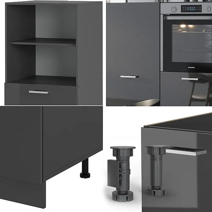 Vicco Küchenleerblock R-Line Anthrazit Hochglanz/Anthrazit ohne Arbeitsplatte - Breite: 180 cm, Anthrazit Hochglanz - Dunkelgraues modulares Küchenschranksystem mit Backofen, Regalen, Schublade und verstellbaren Füßen.