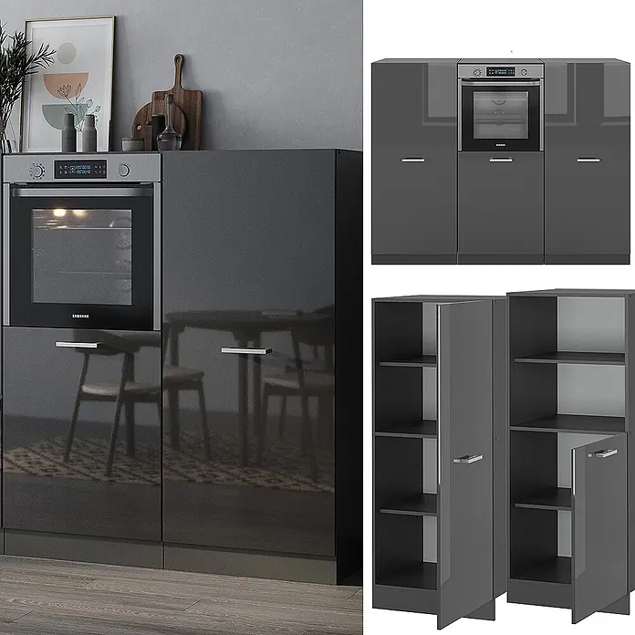 Vicco Küchenleerblock R-Line Anthrazit Hochglanz/Anthrazit ohne Arbeitsplatte - Breite: 180 cm, Anthrazit Hochglanz - Dunkelgraue Hochglanz-Küchenschränke mit integriertem Backofen, in modernem Ambiente präsentiert.