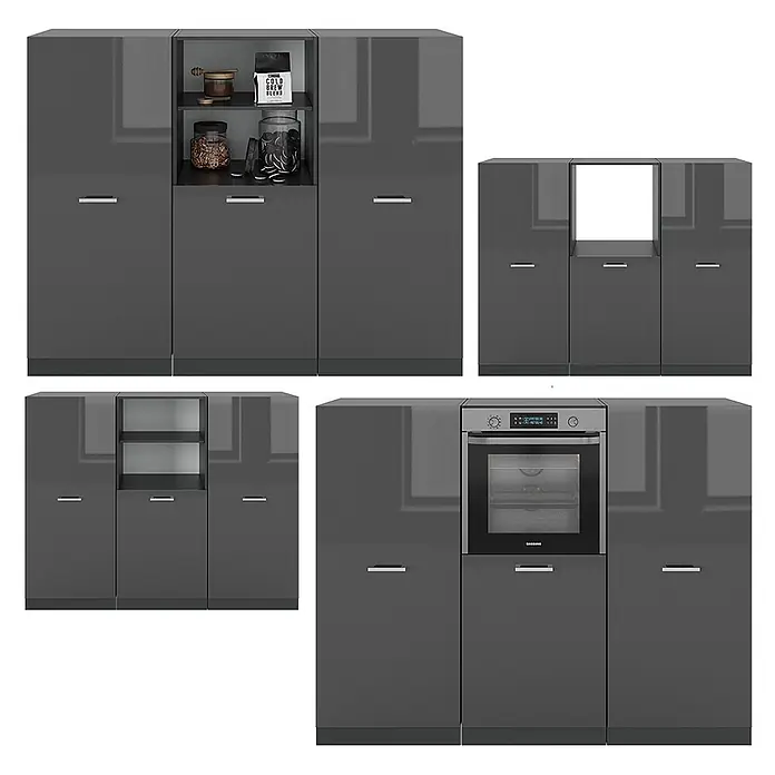 Vicco Küchenleerblock R-Line Anthrazit Hochglanz/Anthrazit ohne Arbeitsplatte - Breite: 180 cm, Anthrazit Hochglanz - Modulare hochglänzende Küchenschränke in Dunkelgrau mit offenen Regalen und integriertem Ofenmodul.