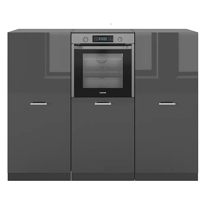 Vicco Küchenleerblock R-Line Anthrazit Hochglanz/Anthrazit ohne Arbeitsplatte - Breite: 180 cm, Anthrazit Hochglanz - Hochglänzende dunkelgraue Küchenschrankeinheit mit eingebautem Samsung Backofen und Chromgriffen.