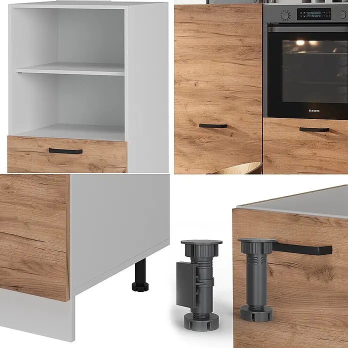Vicco Küchenleerblock R-Line Goldkraft Eiche/Weiß ohne Arbeitsplatte - Breite: 180 cm, Goldkraft Eiche - Küchenschrank-Komponenten: weiße Elemente, Holzoptikfronten mit schwarzen Griffen und verstellbare Füße.
