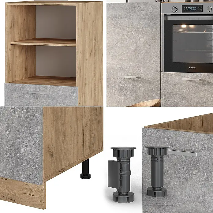 Vicco Küchenleerblock R-Line Beton/Goldkraft Eiche ohne Arbeitsplatte - Beton - Modulare Küchenschränke mit heller Holzoptik, Beton-Fronten, integriertem Backofen und verstellbaren Kunststofffüßen.