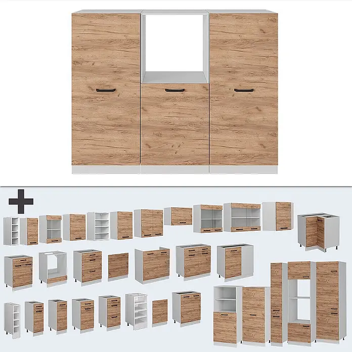 Vicco Küchenleerblock R-Line Goldkraft Eiche/Weiß ohne Arbeitsplatte - Breite: 180 cm, Goldkraft Eiche - Modulare Küchenschränke in heller Holzoptik und Weiß, inklusive Hoch-, Unter- und Hängeschränken.