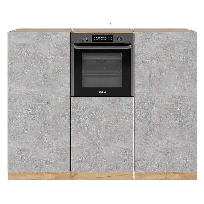 Vicco Küchenleerblock R-Line Beton/Goldkraft Eiche ohne Arbeitsplatte - Breite: 180 cm, Beton - Küchenschrankelement mit grauen Betonoptik-Türen, Holzdetails und integriertem schwarzem Backofen.
