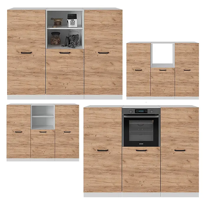 Vicco Küchenleerblock R-Line Goldkraft Eiche/Weiß ohne Arbeitsplatte - Breite: 180 cm, Goldkraft Eiche - Modulare Küchenschränke in heller Holzoptik mit weißen Elementen, inklusive Stauraum, offenen Regalen und Backofenschrank.