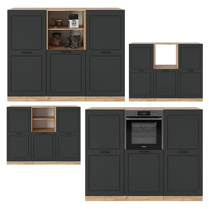 Vicco Küchenleerblock R-Line Anthrazit Landhaus/Goldkraft Eiche ohne Arbeitsplatte - Anthrazit Landhaus - Dunkelgraue modulare Küchenschränke mit Holz Akzenten, inklusive offener Regale und Ofenintegration.