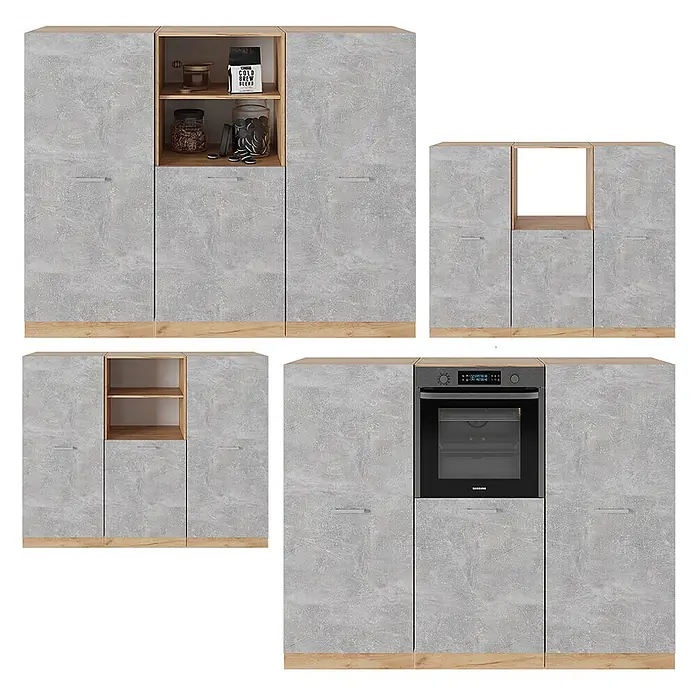 Vicco Küchenleerblock R-Line Beton/Goldkraft Eiche ohne Arbeitsplatte - Beton - Modulare Küchenschränke, graue Betonoptik mit hellen Holzdetails, mit offenen Regalen und integriertem Backofen.