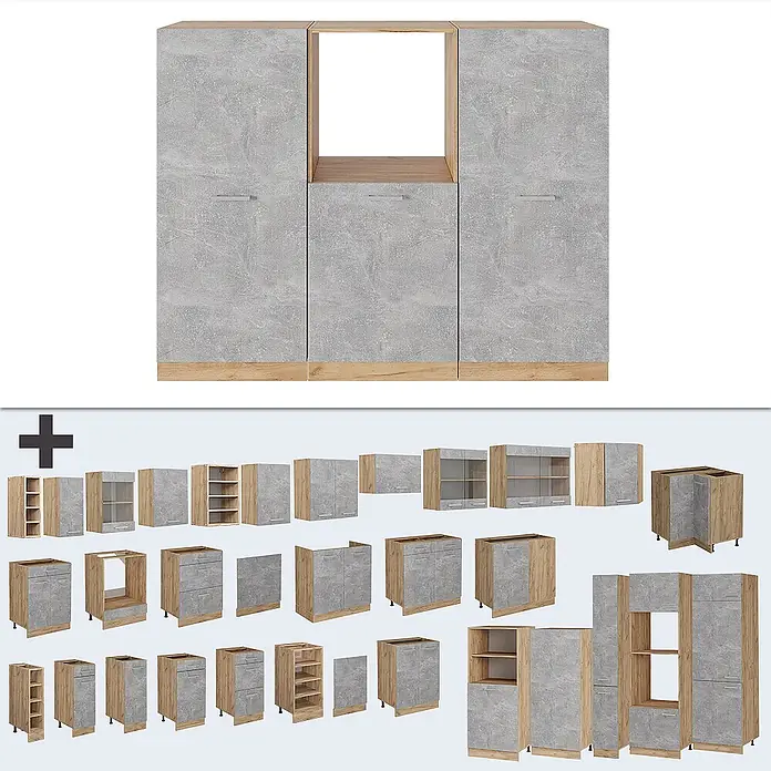 Vicco Küchenleerblock R-Line Beton/Goldkraft Eiche ohne Arbeitsplatte - Beton - Modulare Küchenschränke in heller Betonoptik mit hellen Holzfronten, zeigen verschiedene Wand-, Unter- und Hochschränke.