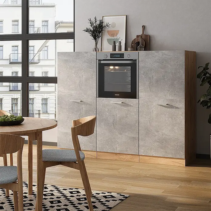 Vicco Küchenleerblock R-Line Beton/Goldkraft Eiche ohne Arbeitsplatte - Beton - Moderne Küchenzeile in heller Betonoptik mit integriertem Backofen.