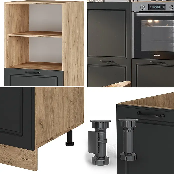 Vicco Küchenleerblock R-Line Anthrazit Landhaus/Goldkraft Eiche ohne Arbeitsplatte - Anthrazit Landhaus - Modulare Küchenschränke mit heller Holzoptik und dunkelgrauen Fronten, schwarzen Griffen und verstellbaren Füßen.