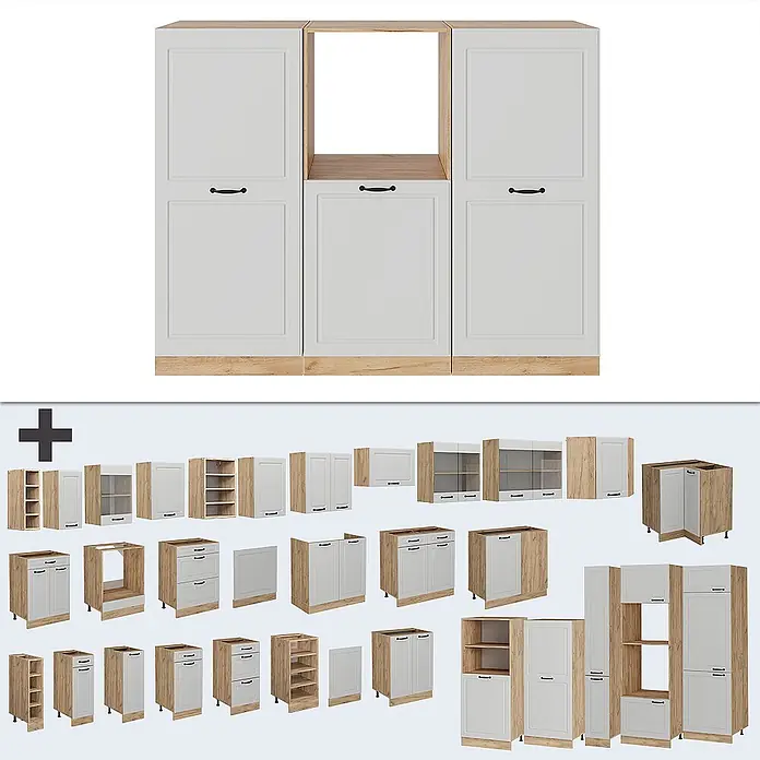 Vicco Küchenleerblock R-Line Weiß Landhaus/Goldkraft Eiche ohne Arbeitsplatte - Breite: 180 cm, Weiß Landhaus - Modulare Küchenschränke mit hellgrauen Türen und Holzoptik-Rahmen, darunter Unter-, Ober- und Hochschränke.