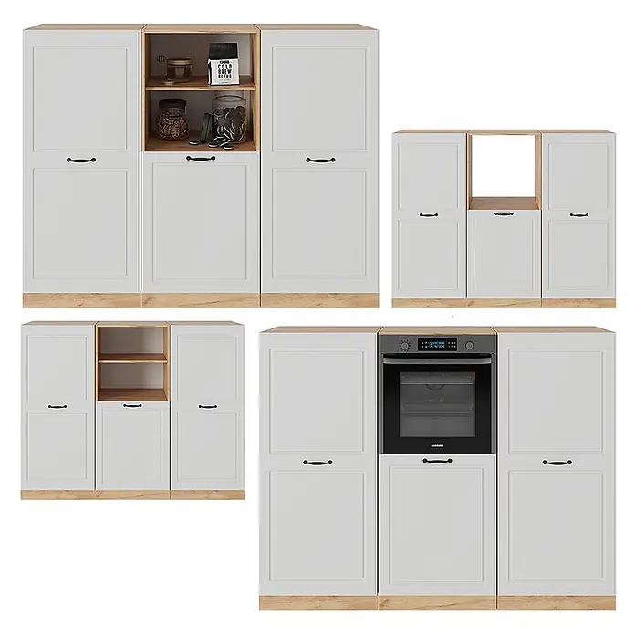 Vicco Küchenleerblock R-Line Weiß Landhaus/Goldkraft Eiche ohne Arbeitsplatte - Breite: 180 cm, Weiß Landhaus - Modulare Küchenschränke in Hellgrau und Holzoptik, mit offenen Regalen und integriertem Backofen.