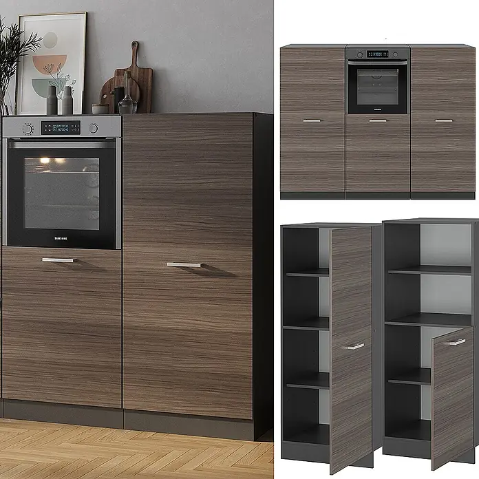 Vicco Küchenleerblock R-Line Edelgrau/Anthrazit ohne Arbeitsplatte - Breite: 180 cm, Edelgrau - Modulare Küchenschränke in dunkler Holzoptik mit integriertem Backofen, zusammengebaut und als Einzelkomponenten gezeigt.