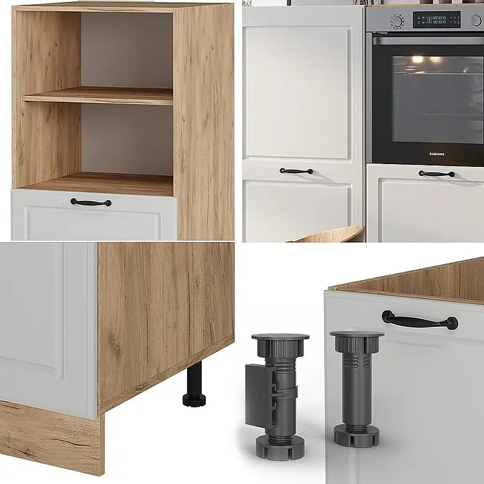 Vicco Küchenleerblock R-Line Weiß Landhaus/Goldkraft Eiche ohne Arbeitsplatte - Breite: 180 cm, Weiß Landhaus - Modulares Küchenschranksystem mit weißen Türen, Holzoptikpaneelen und verstellbaren Nivellierfüßen.