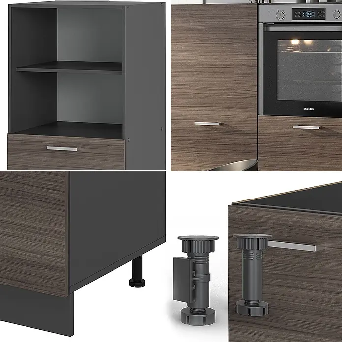 Vicco Küchenleerblock R-Line Edelgrau/Anthrazit ohne Arbeitsplatte - Breite: 180 cm, Edelgrau - Modulares Küchenschranksystem in dunkler Holzmaserung und Anthrazit, mit verstellbaren Füßen, Regalen, Schubladen und Ofenintegration.