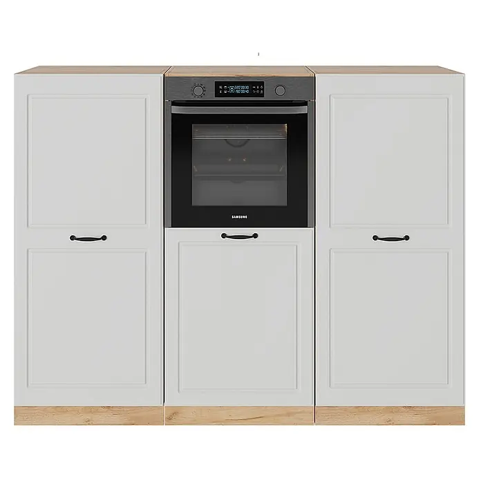 Vicco Küchenleerblock R-Line Weiß Landhaus/Goldkraft Eiche ohne Arbeitsplatte - Breite: 180 cm, Weiß Landhaus - Weiße Küchenschränke mit hellen Holzdetails und einem integrierten schwarzen Samsung Backofen.