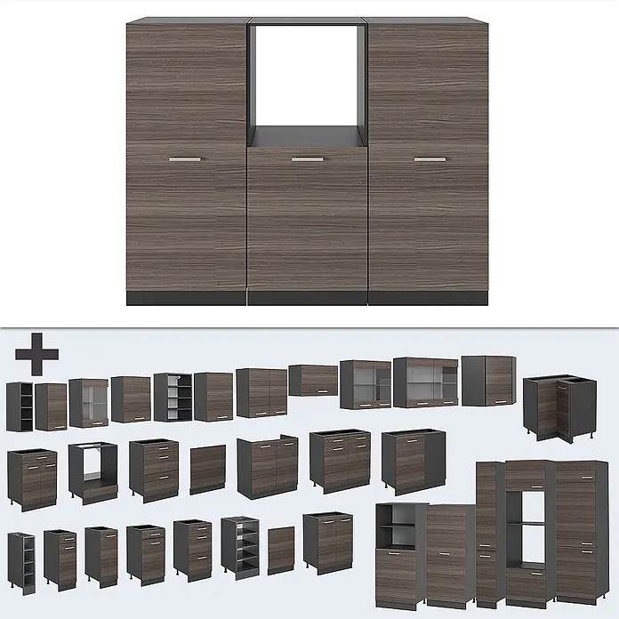 Vicco Küchenleerblock R-Line Edelgrau/Anthrazit ohne Arbeitsplatte - Breite: 180 cm, Edelgrau - Modulares Küchenschranksystem in dunkler Holzoptik mit dunkelgrauen Akzenten, bestehend aus Hochschränken und diversen Unter- und Oberschränken.