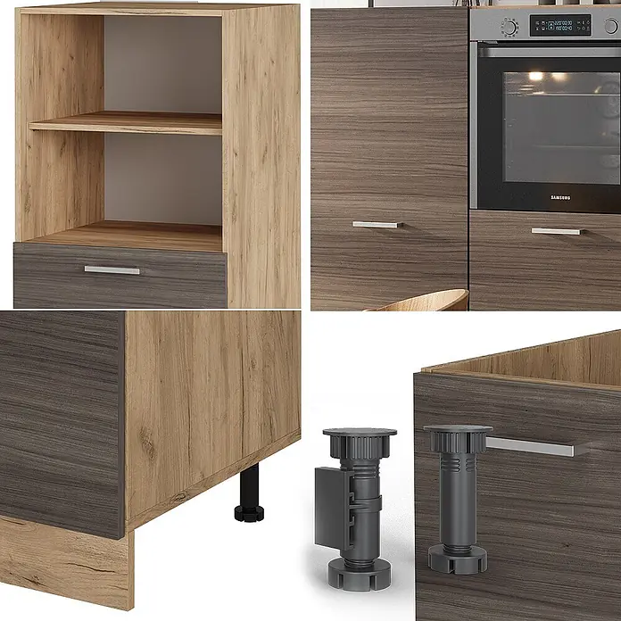 Vicco Küchenleerblock R-Line Edelgrau/Goldkraft Eiche ohne Arbeitsplatte - Edelgrau - Modulares Küchenschranksystem in hellem und dunklem Holzdekor, mit Regalen, Schubladen, Ofenintegration und verstellbaren Füßen.