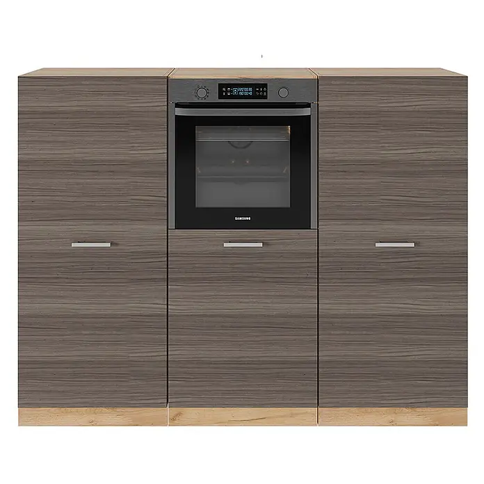 Vicco Küchenleerblock R-Line Edelgrau/Goldkraft Eiche ohne Arbeitsplatte - Breite: 180 cm, Edelgrau - Integrierte Küchenzeile: dunkle Holzmaserungsschränke mit schwarzem Einbauofen und heller Holzsockelleiste.