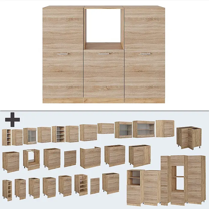 Vicco Küchenleerblock R-Line Sonoma/Goldkraft Eiche ohne Arbeitsplatte - Sonoma - Modulare Küchenschränke in heller Eichenholzoptik, mit verschiedenen Unter-, Ober- und Hochschränken.