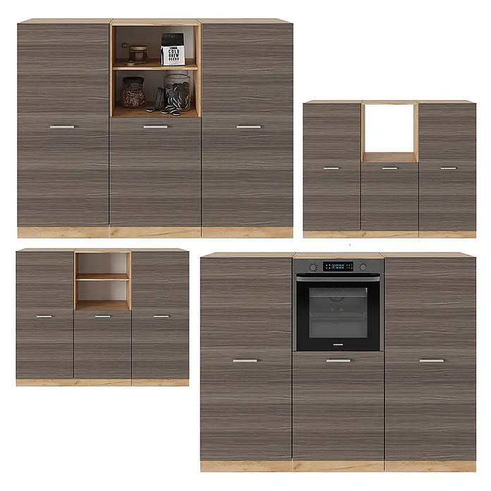 Vicco Küchenleerblock R-Line Edelgrau/Goldkraft Eiche ohne Arbeitsplatte - Edelgrau - Modulare Küchenschränke in dunkler Holzmaserung mit hellen Holzakzenten, mit offenen Regalen und Option für integrierten Ofen.