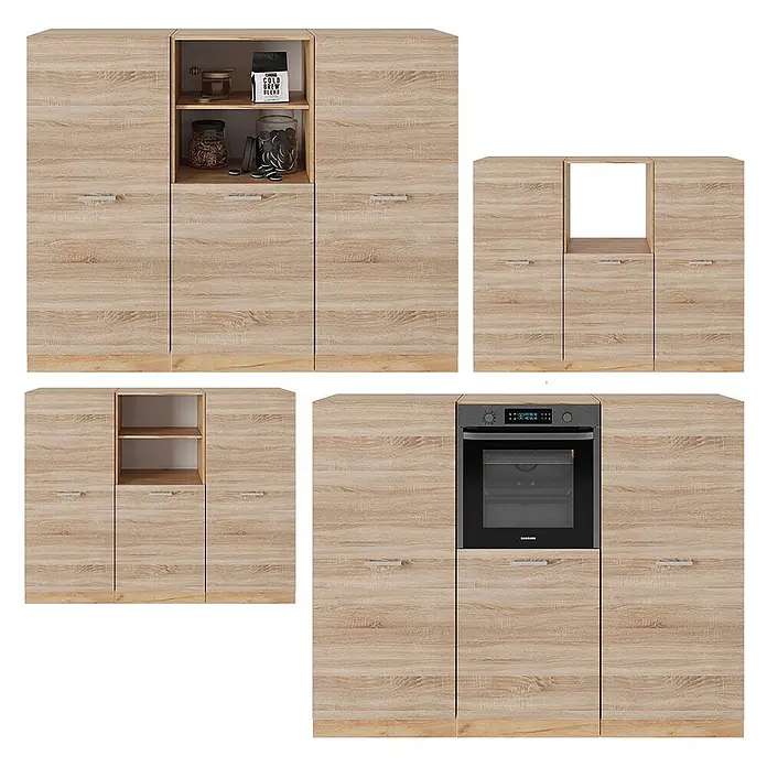 Vicco Küchenleerblock R-Line Sonoma/Goldkraft Eiche ohne Arbeitsplatte - Sonoma - Helles, holzfarbenes, modulares Küchenschranksystem in verschiedenen Konfigurationen für Stauraum und integrierte Geräte.