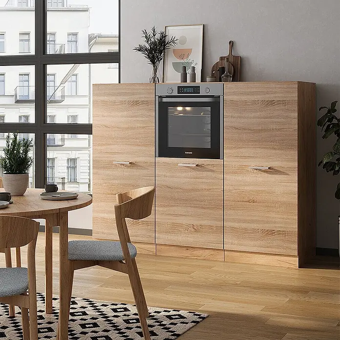 Vicco Küchenleerblock R-Line Sonoma/Goldkraft Eiche ohne Arbeitsplatte - Sonoma - Helle Küchenschränke aus Holz mit integriertem Backofen, bieten Stauraum in einem modernen Essbereich.