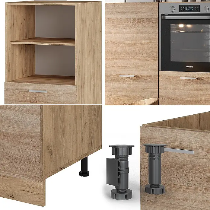 Vicco Küchenleerblock R-Line Sonoma/Goldkraft Eiche ohne Arbeitsplatte - Sonoma - Modulare Küchenschränke in heller Holzmaserung mit integriertem Backofen, Regalen, Schublade und verstellbaren Füßen.