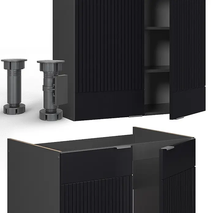 Vicco Küchenzeile Fame-Line Schwarz gestreift/Anthrazit, AP Eiche - Breite: 200 cm, Schwarz gestreift, Ohne Elektrogeräte - Schwarze/dunkelgraue Schrankteile mit geriffelten Türen, Einlegeböden und verstellbaren Füßen zur Möbelmontage.