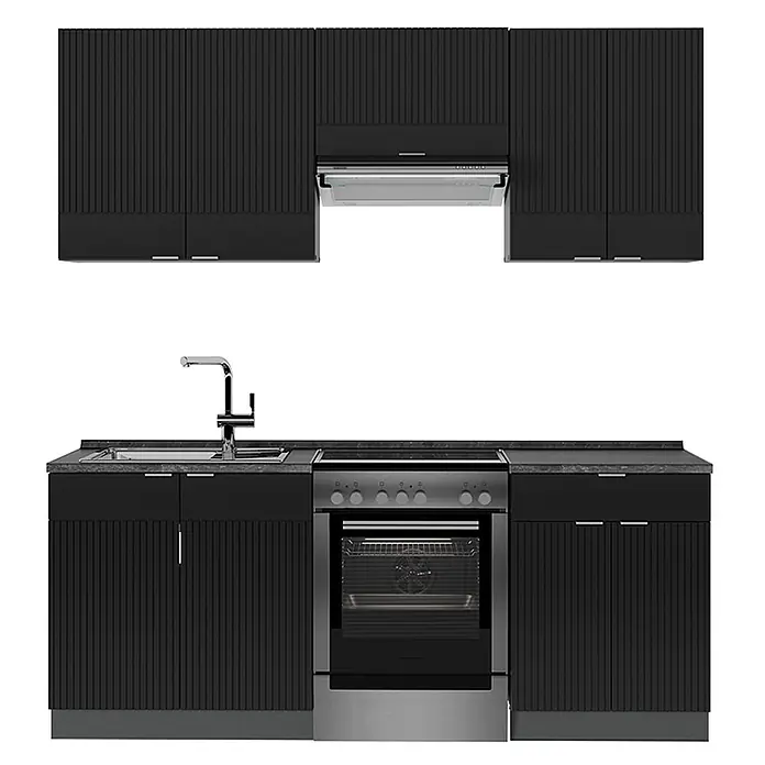 Vicco Küchenzeile Fame-Line Schwarz gestreift/Anthrazit, AP Anthrazit - Breite: 200 cm, Schwarz gestreift, Ohne Elektrogeräte - Moderne schwarze Küchenzeile mit geriffelten Schränken, grauer Arbeitsplatte, Spüle, Elektroherd, Backofen und Dunstabzugshaube.