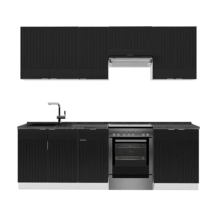 Vicco Küchenzeile Fame-Line Schwarz gestreift/Weiß, AP Anthrazit - Breite: 240 cm, Schwarz gestreift, Ohne Elektrogeräte - Schwarze gerippte Küchenzeile mit Spüle, Backofen und Dunstabzugshaube.