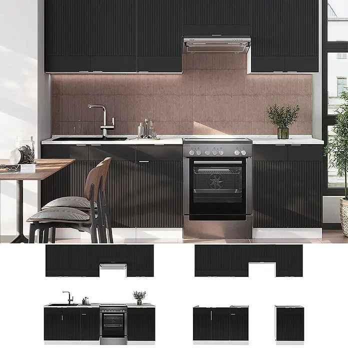Vicco Küchenzeile Fame-Line Schwarz gestreift/Weiß, AP Anthrazit - Breite: 240 cm, Schwarz gestreift, Ohne Elektrogeräte - Schwarzes Küchenschrank-Set mit vertikal geriffelten Fronten, Ober- und Unterschränke, Spüle und Backofen.