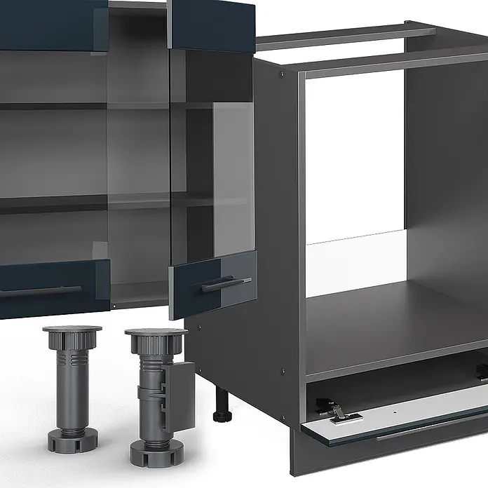 Vicco Küchenzeile Fame-Line Dunkelblau Hochglanz/Anthrazit, AP Anthrazit - Breite: 355 cm, Dunkelblau Hochglanz, Ohne Elektrogeräte - Modulare dunkelgraue Küchenschrankteile mit dunkelblauen Glasfronten und verstellbaren Standfüßen zur Montage.