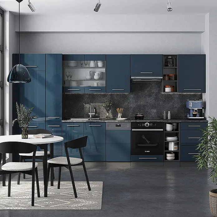 Vicco Küchenzeile Fame-Line Dunkelblau Hochglanz/Anthrazit, AP Anthrazit - Breite: 355 cm, Dunkelblau Hochglanz, Ohne Elektrogeräte - Moderne Küche mit glänzend blauen Schränken, dunkler Arbeitsplatte, integrierten Geräten und Essbereich.