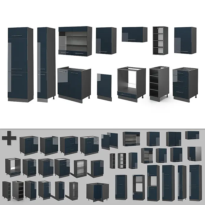 Vicco Küchenzeile Fame-Line Dunkelblau Hochglanz/Anthrazit, AP Anthrazit - Breite: 355 cm, Dunkelblau Hochglanz, Ohne Elektrogeräte - Satz modularer Küchenschränke in glänzendem Dunkelblau mit grauen Rahmen, darunter Hoch-, Unter-, Wand- und offene Regaleinheiten.