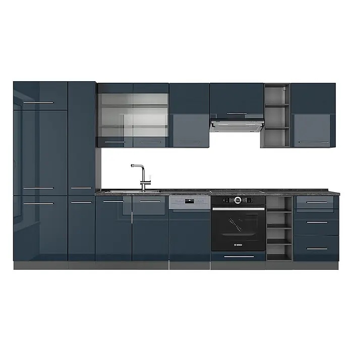 Vicco Küchenzeile Fame-Line Dunkelblau Hochglanz/Anthrazit, AP Anthrazit - Breite: 355 cm, Dunkelblau Hochglanz, Ohne Elektrogeräte - Dunkelblaue Modulküche mit glänzenden Fronten, Spüle, Ofen, Kochfeld und Geschirrspüler sowie dunkler Arbeitsplatte.