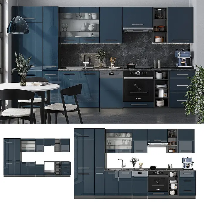 Vicco Küchenzeile Fame-Line Dunkelblau Hochglanz/Anthrazit, AP Anthrazit - Breite: 355 cm, Dunkelblau Hochglanz, Ohne Elektrogeräte - Glänzende, petrolblaue modulare Küchenschränke mit integrierten Geräten und offenen Regalen in einer modernen Küche.