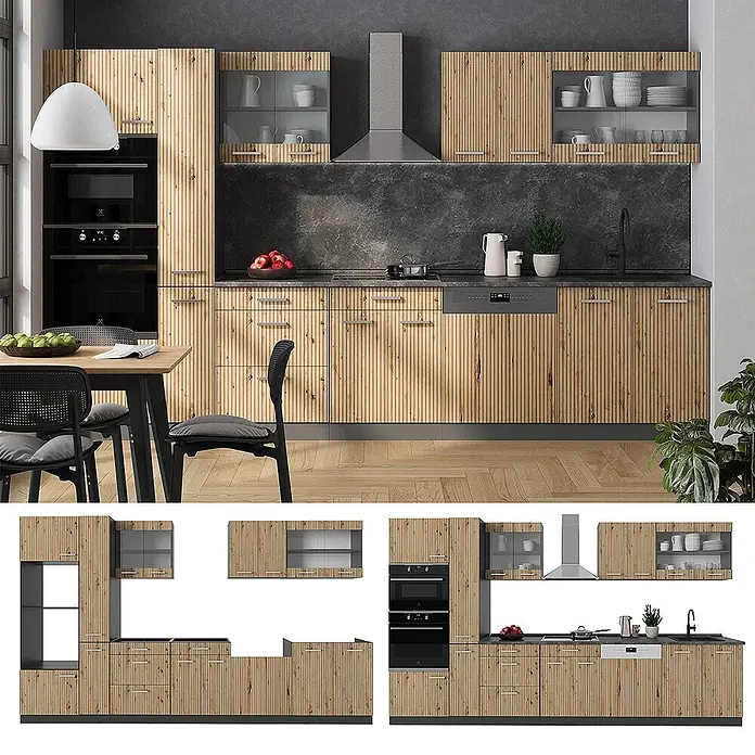 Vicco Küchenzeile R-Line Artisan Eiche/Anthrazit mit Hochschrank, ohne Arbeitsplatte - Artisan-Eiche, Ohne Elektrogeräte - Helle Holzküche mit vertikalen Lamellen, dunklen Arbeitsplatten, integrierten Geräten und Essbereich.