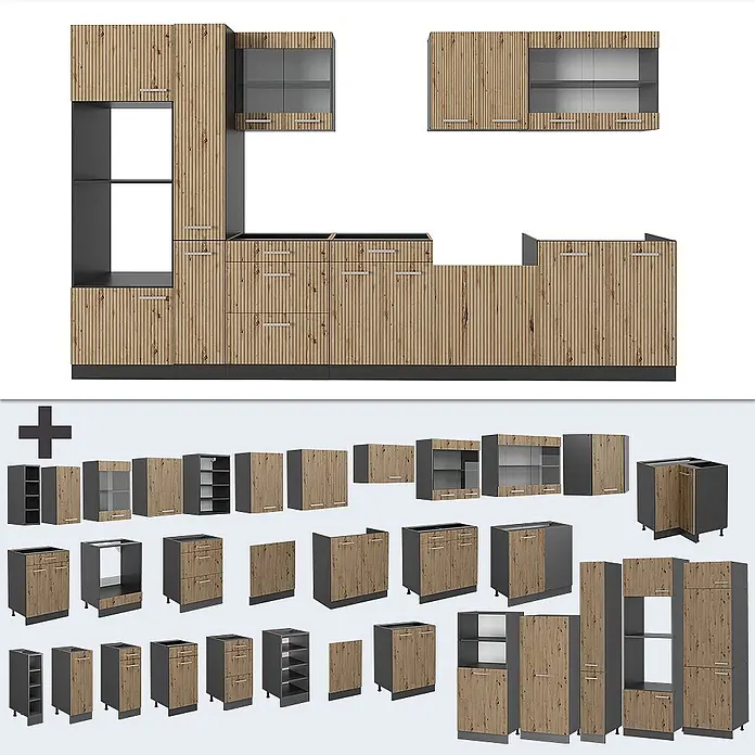 Vicco Küchenzeile R-Line Artisan Eiche/Anthrazit mit Hochschrank, ohne Arbeitsplatte - Artisan-Eiche, Ohne Elektrogeräte - Modulares Küchenschrank-Set mit hellen Holzlamellenfronten und dunkelgrauen Rahmen, inkl. Unter-, Ober- und Hochschränken, teils mit Glastüren.