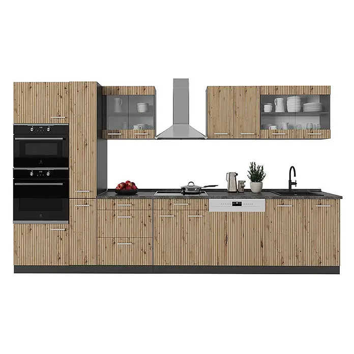 Vicco Küchenzeile R-Line Artisan Eiche/Anthrazit mit Hochschrank, ohne Arbeitsplatte - Artisan-Eiche, Ohne Elektrogeräte - Helle Holzküche mit Lamellenfronten, dunklen Arbeitsplatten, Einbauöfen, Kochfeld, Spüle und Geschirrspüler.