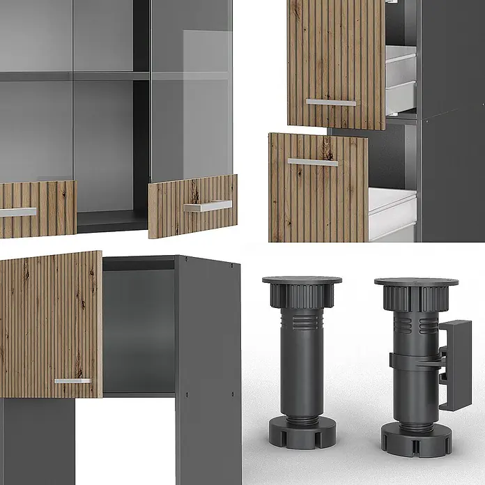 Vicco Küchenzeile R-Line Artisan Eiche/Anthrazit mit Hochschrank, ohne Arbeitsplatte - Artisan-Eiche, Ohne Elektrogeräte - Modulare graue Schränke mit Holzfronten und Glaselementen, plus zwei verstellbare Möbelfüße.