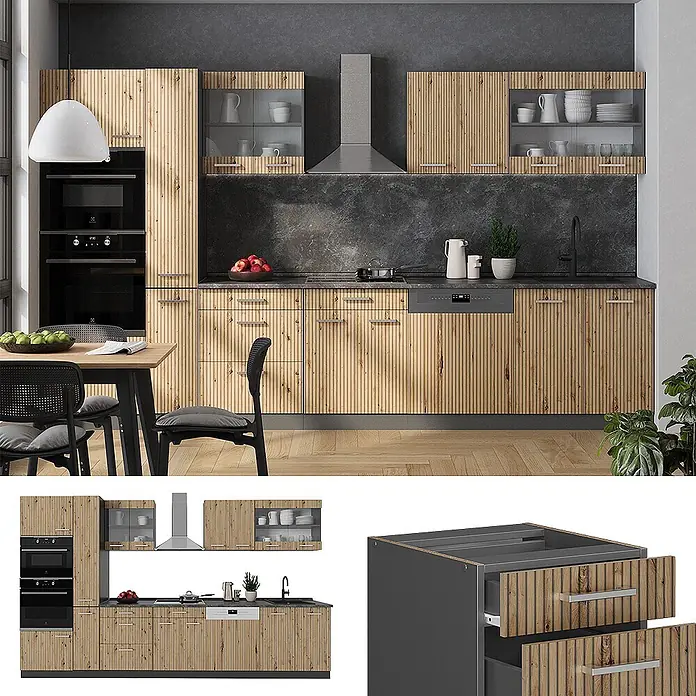Vicco Küchenzeile R-Line Artisan Eiche/Anthrazit mit Hochschrank, ohne Arbeitsplatte - Artisan-Eiche, Ohne Elektrogeräte - Moderne Küche mit Holzoptik-Schränken im Lamellendesign und integrierten Geräten.